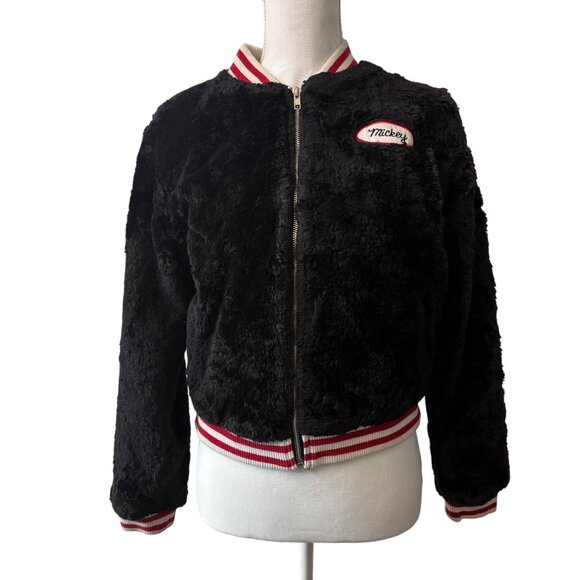 Disney X Forever 21 Mickey Mouse Faux Fur Bomber Jacket Black Red Womens Size S - Picture 1 of 15